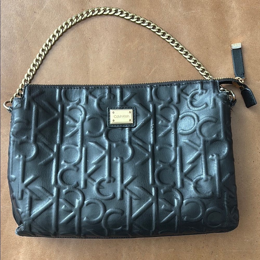 Calvin Klein Black Embossed Shoulder Bag with Gold Chain